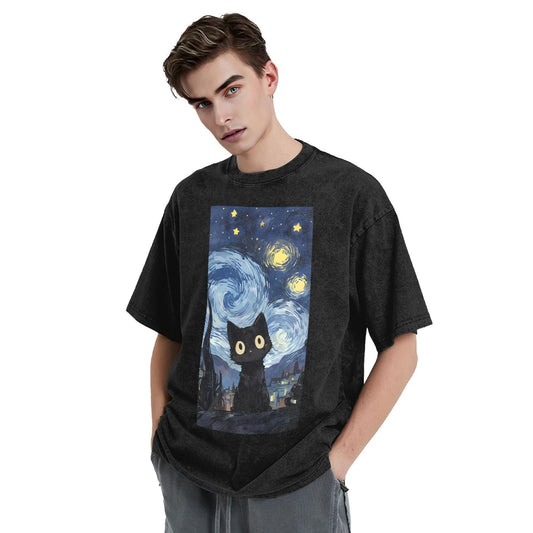 Osaka Lion Starry Night And Cat Washed T-Shirt