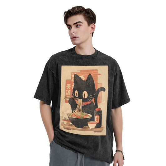 Osaka Lion Eat Ramen Cat Second Washed T-Shirt