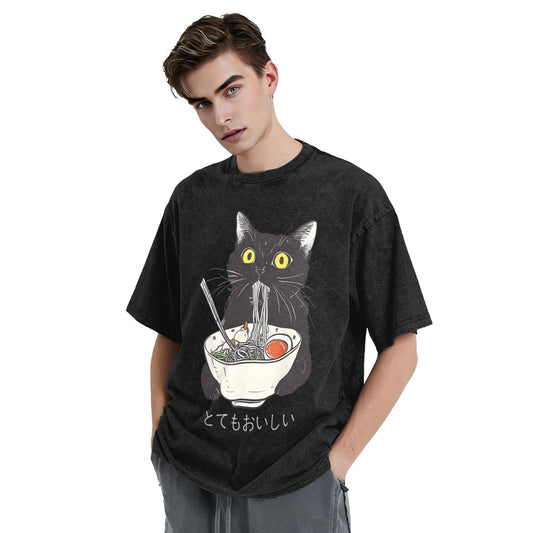 Osaka Lion Cats Eat Ramen Noodles Washed T-Shirt
