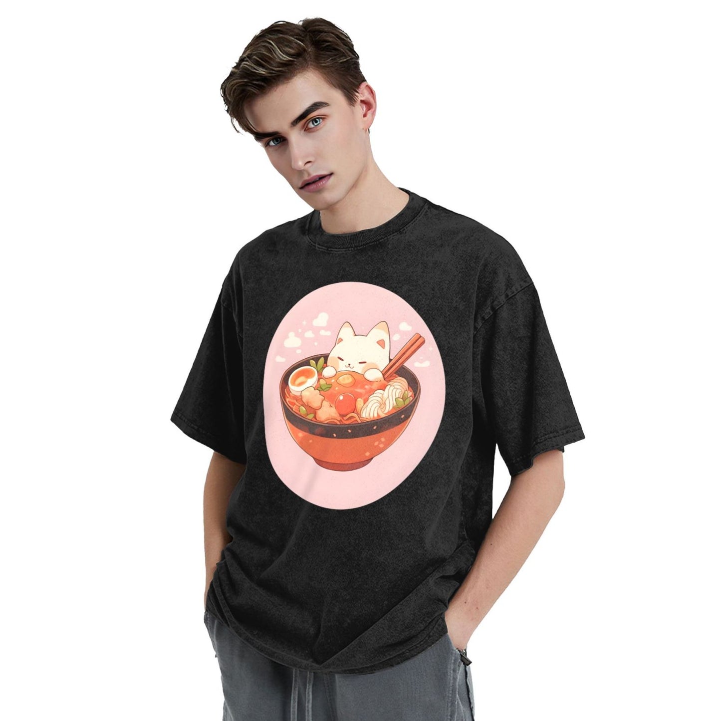 Osaka Lion Cat With Ramen Washed T-Shirt